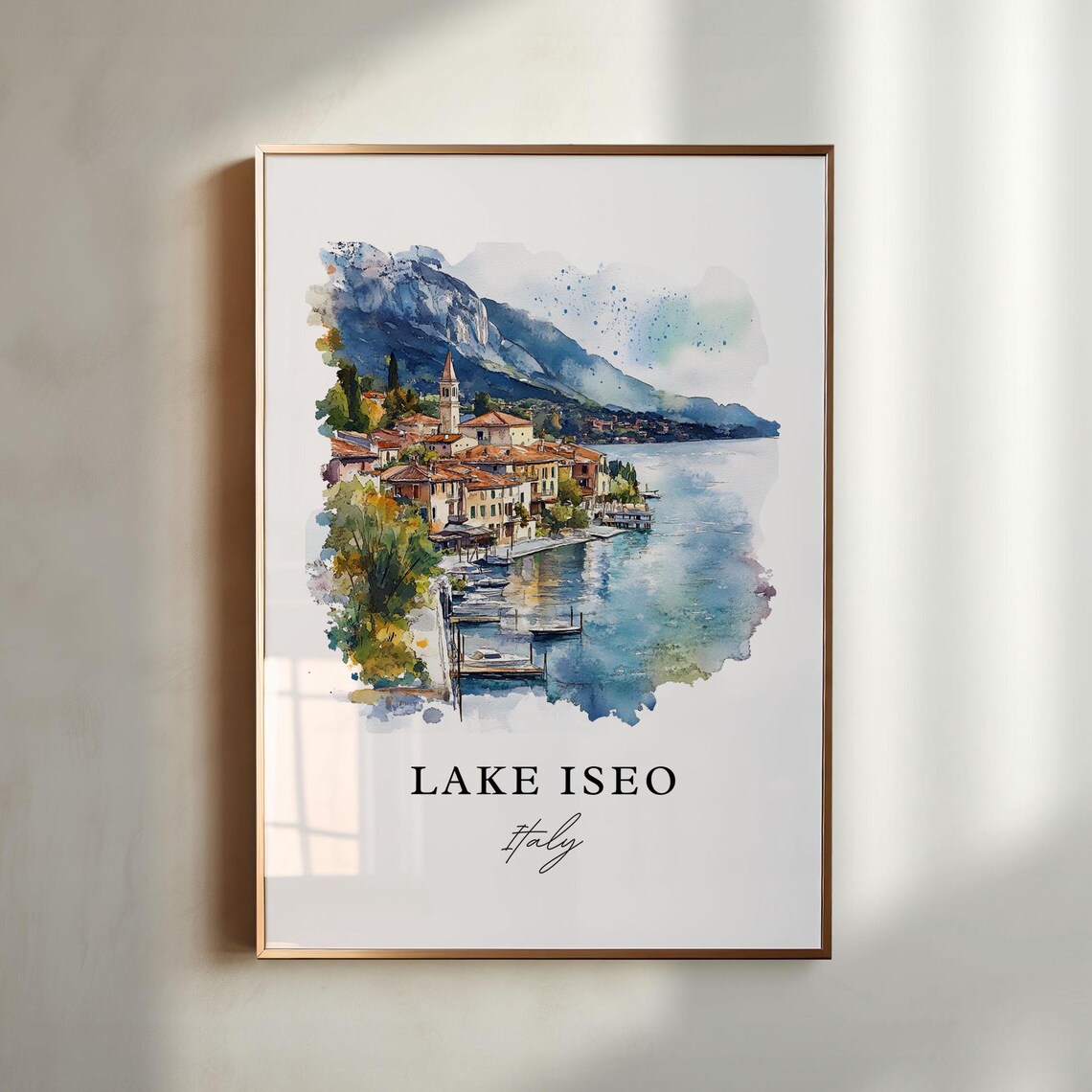 Lake Iseo Italy Serene Lakeside Village Watercolor Travel Poster