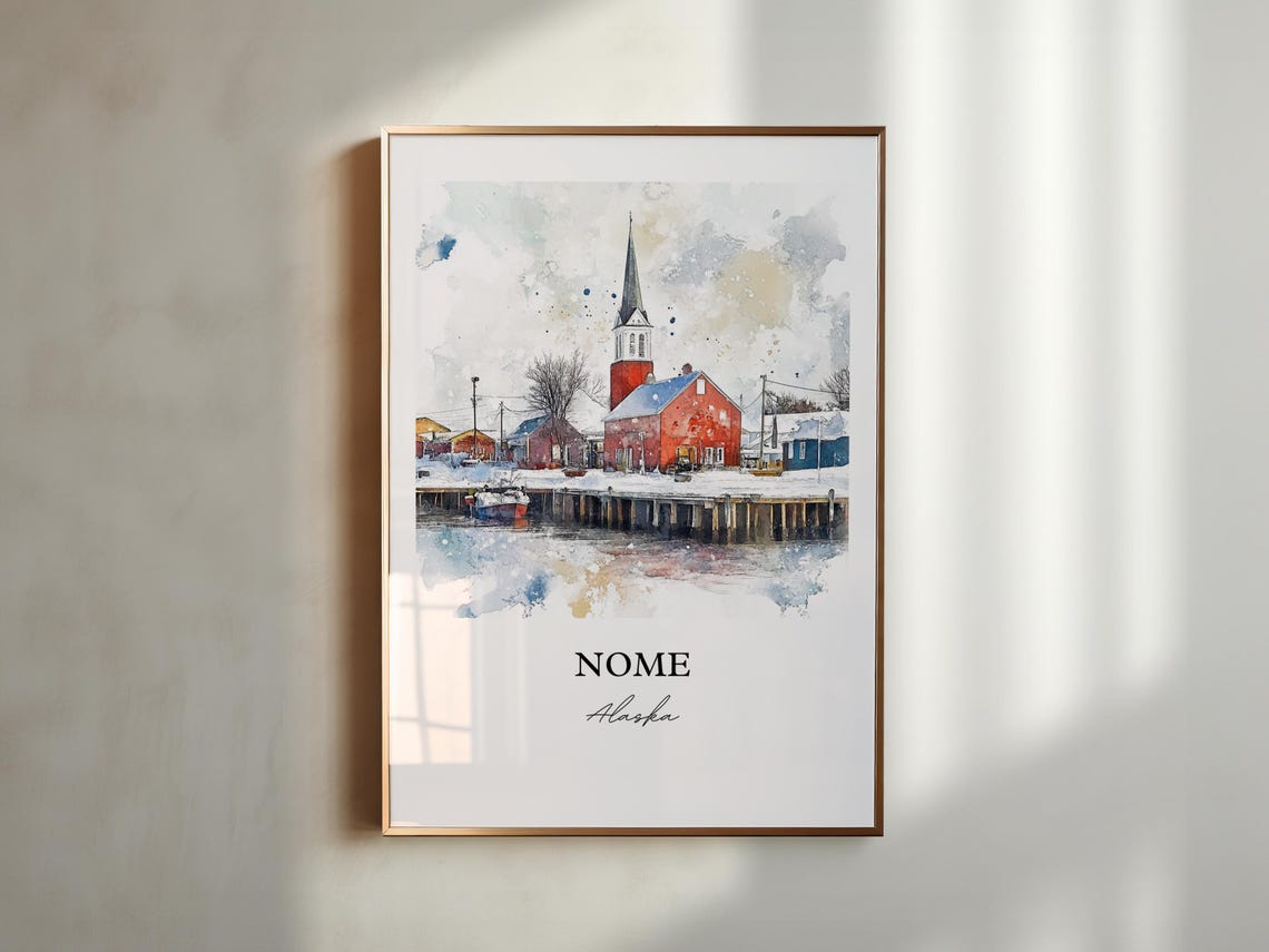 Nome Alaska Winter Harbor Red Church Snow Scene Watercolor Poster - Image 2