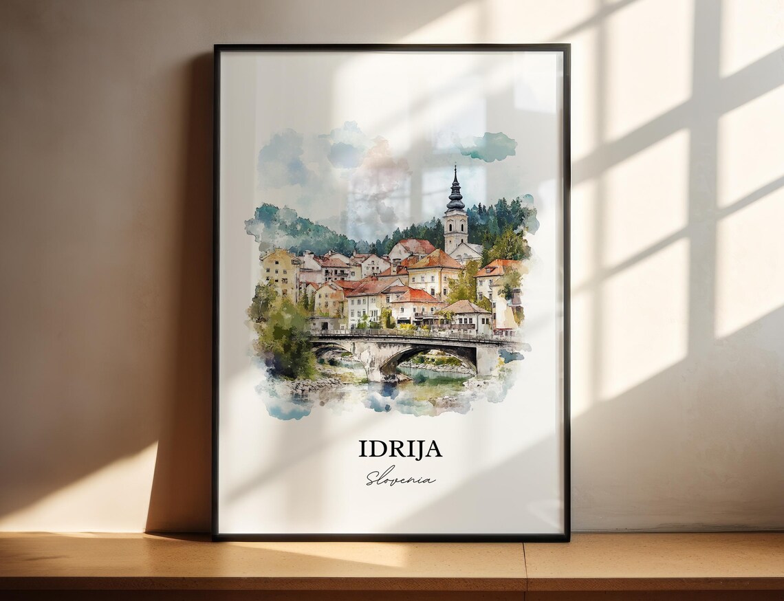 Idrija Slovenia River Bridge Church Tower Watercolor Old Town Poster