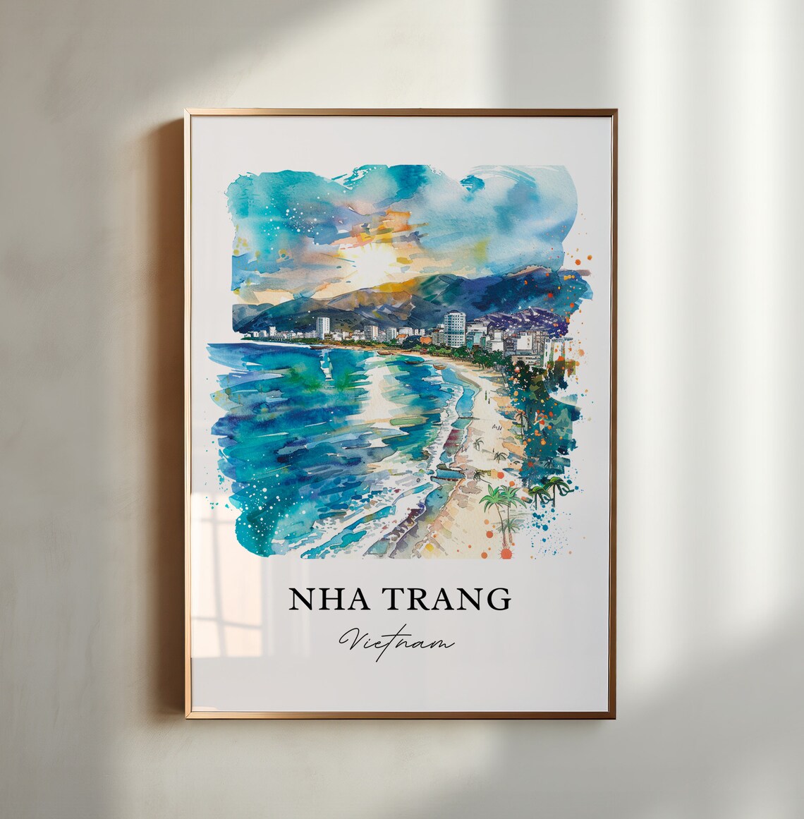 Nha Trang Vietnam Watercolor Turquoise Beach Bay Scene Poster