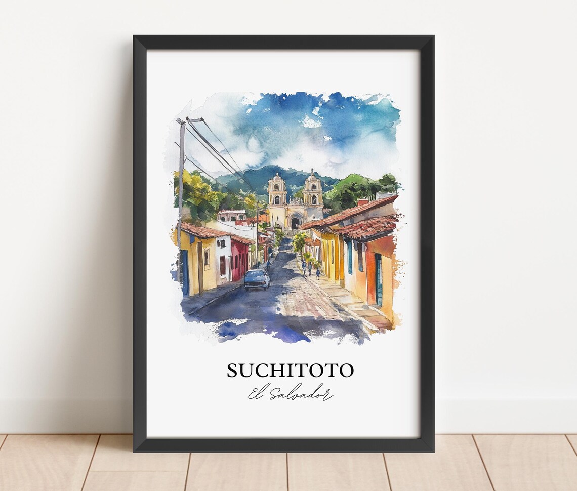 Suchitoto El Salvador Watercolor Colonial Street Church Towers Poster - Image 2