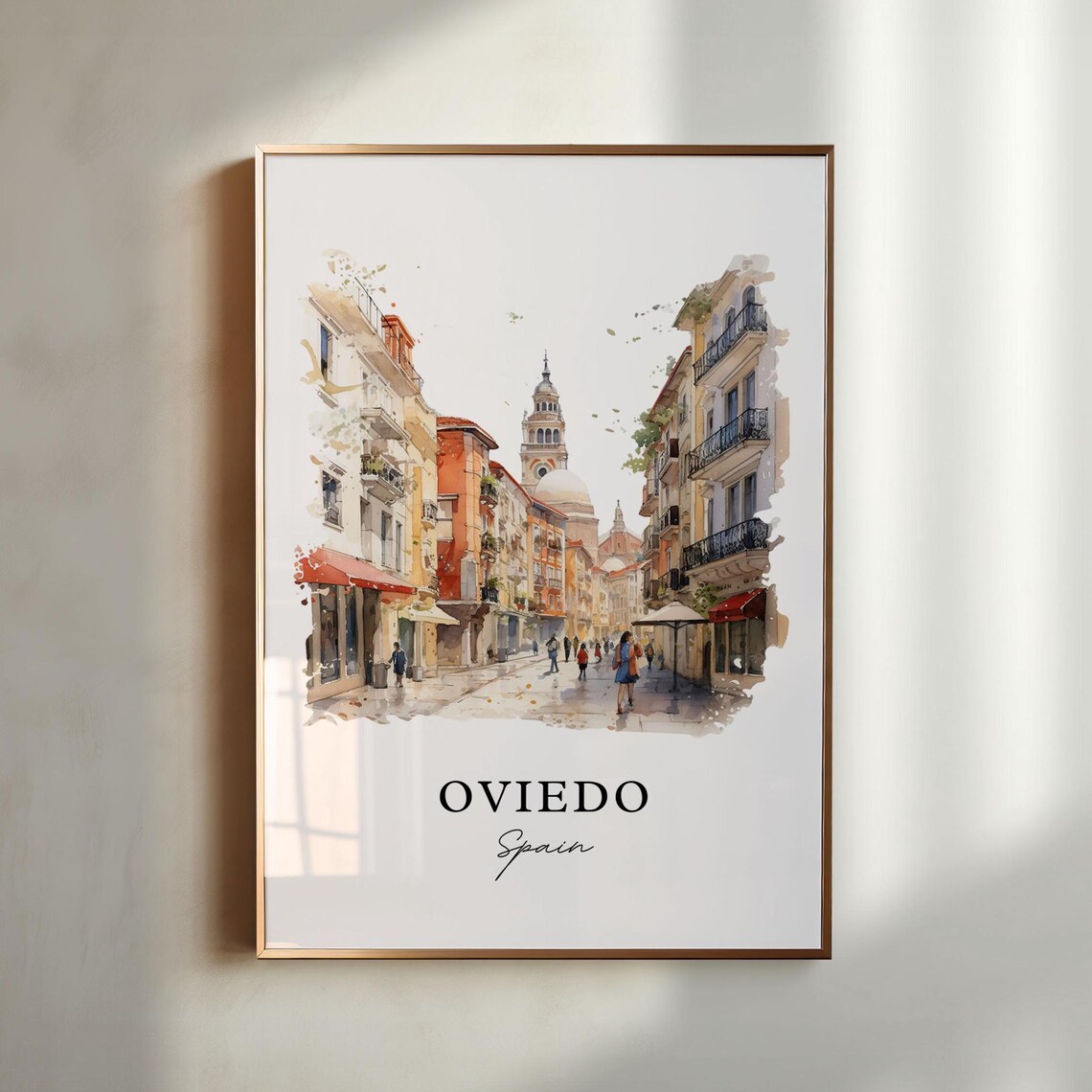 Oviedo Spain Old Town Street Cathedral Watercolor Travel Poster