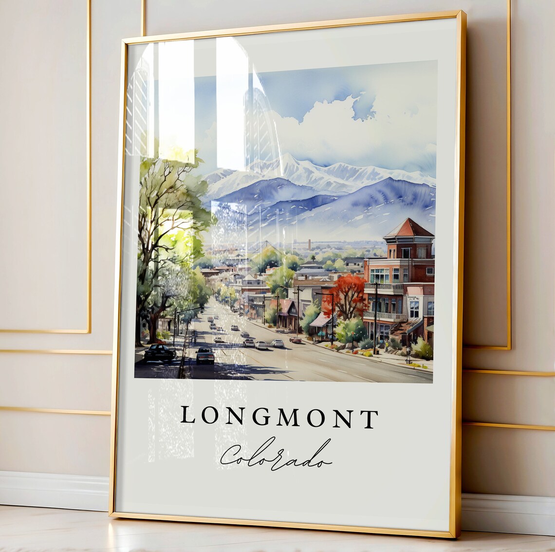 Longmont Colorado Main Street Mountain View Watercolor Travel Poster - Image 3