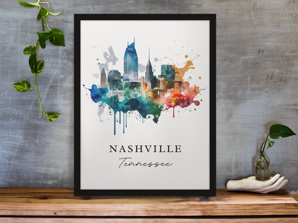 Colorful Nashville Tennessee Vibrant Skyline Watercolor Art Poster