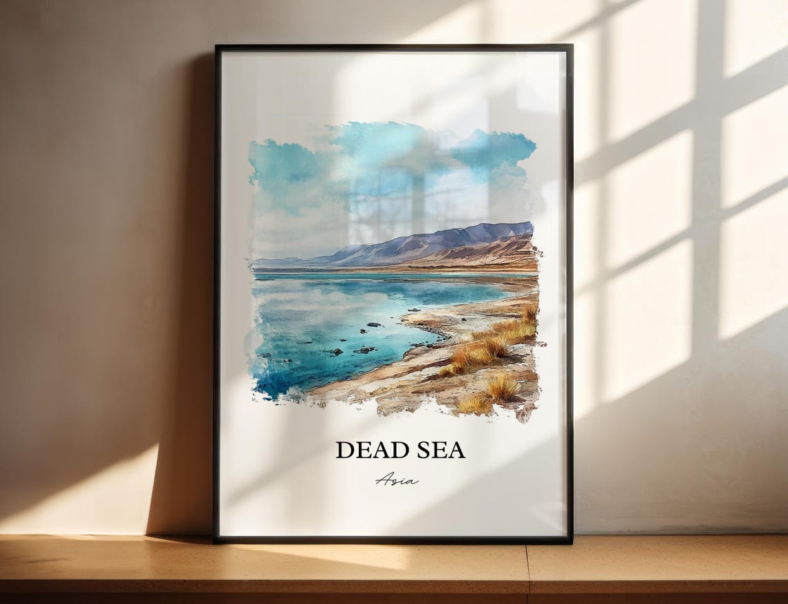 Dead Sea Asia Salt Lake Shoreline Watercolor Landscape Travel Poster