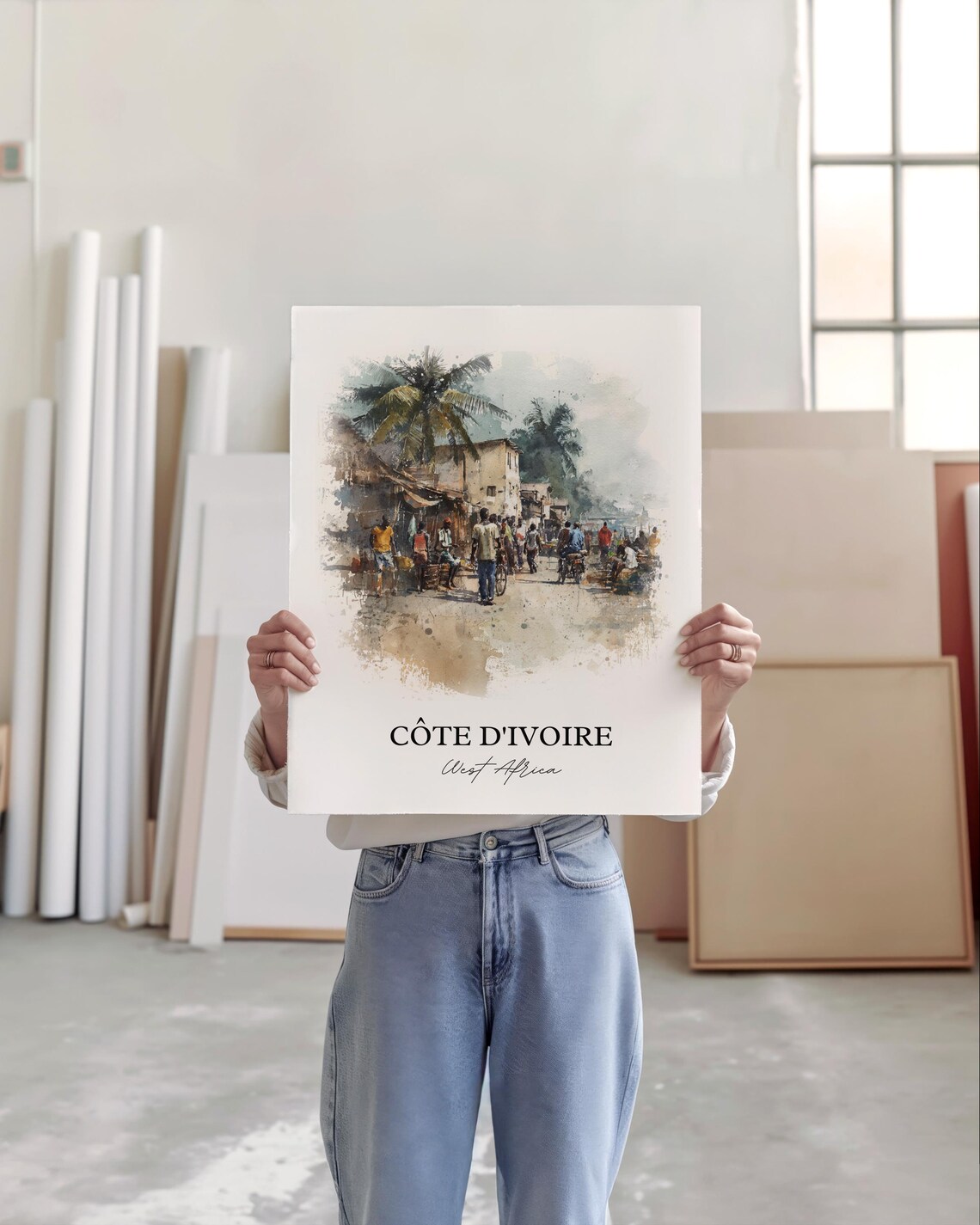 Côte d'Ivoire West Africa Market Street Watercolor Travel Poster - Image 3