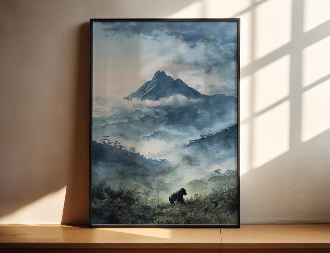 Mountain Gorilla Misty Volcano Watercolor Wildlife Travel Poster