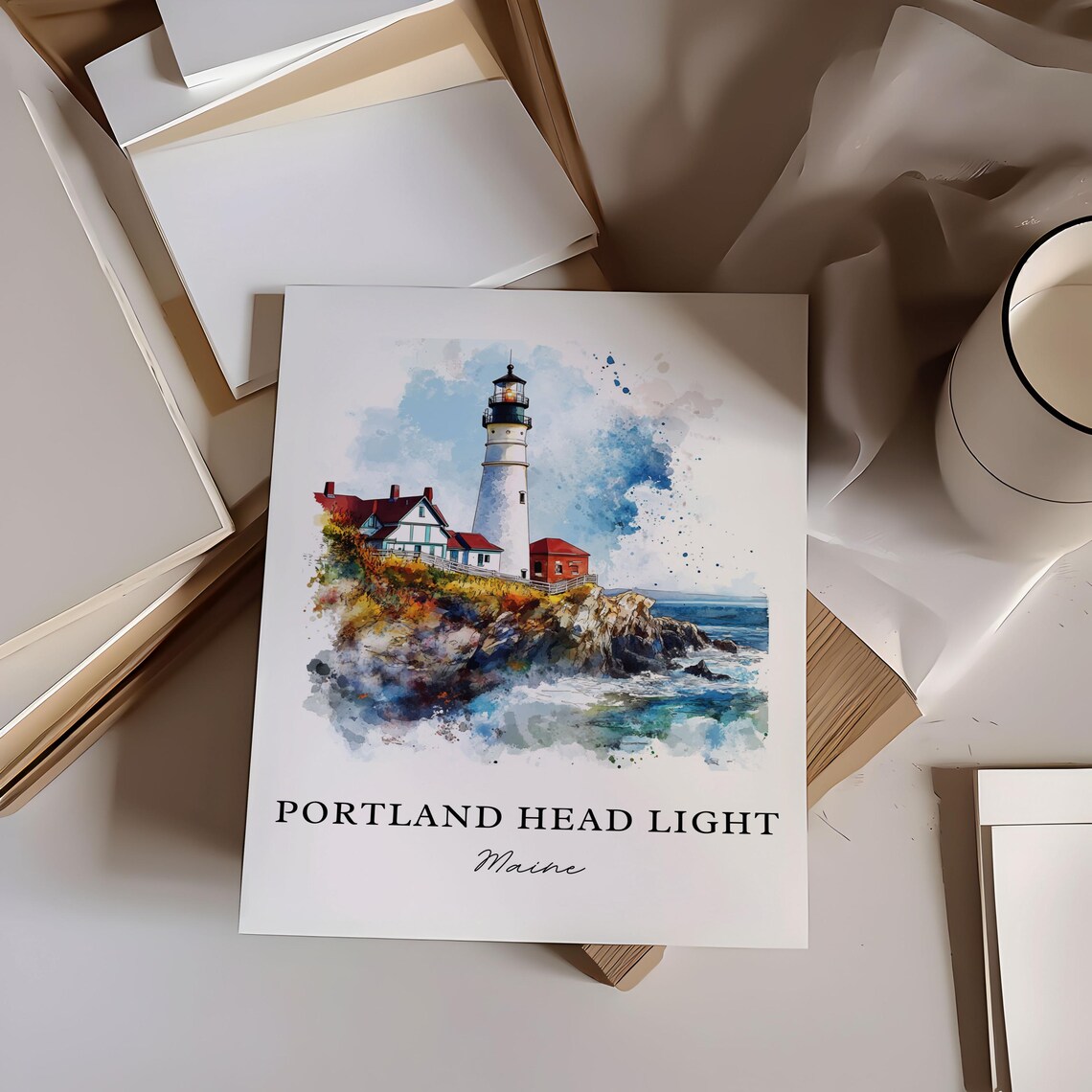 Portland Head Light Maine Lighthouse Coastal Watercolor Poster - Image 6