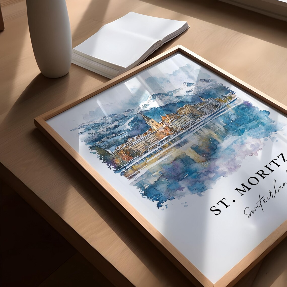 St. Moritz Switzerland Snowy Alpine Lake Watercolor Travel Poster - Image 5