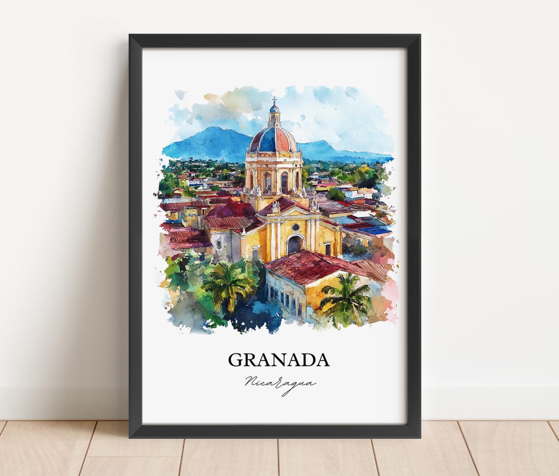 Granada Nicaragua Colonial Cathedral Aerial Watercolor Travel Poster - Image 2