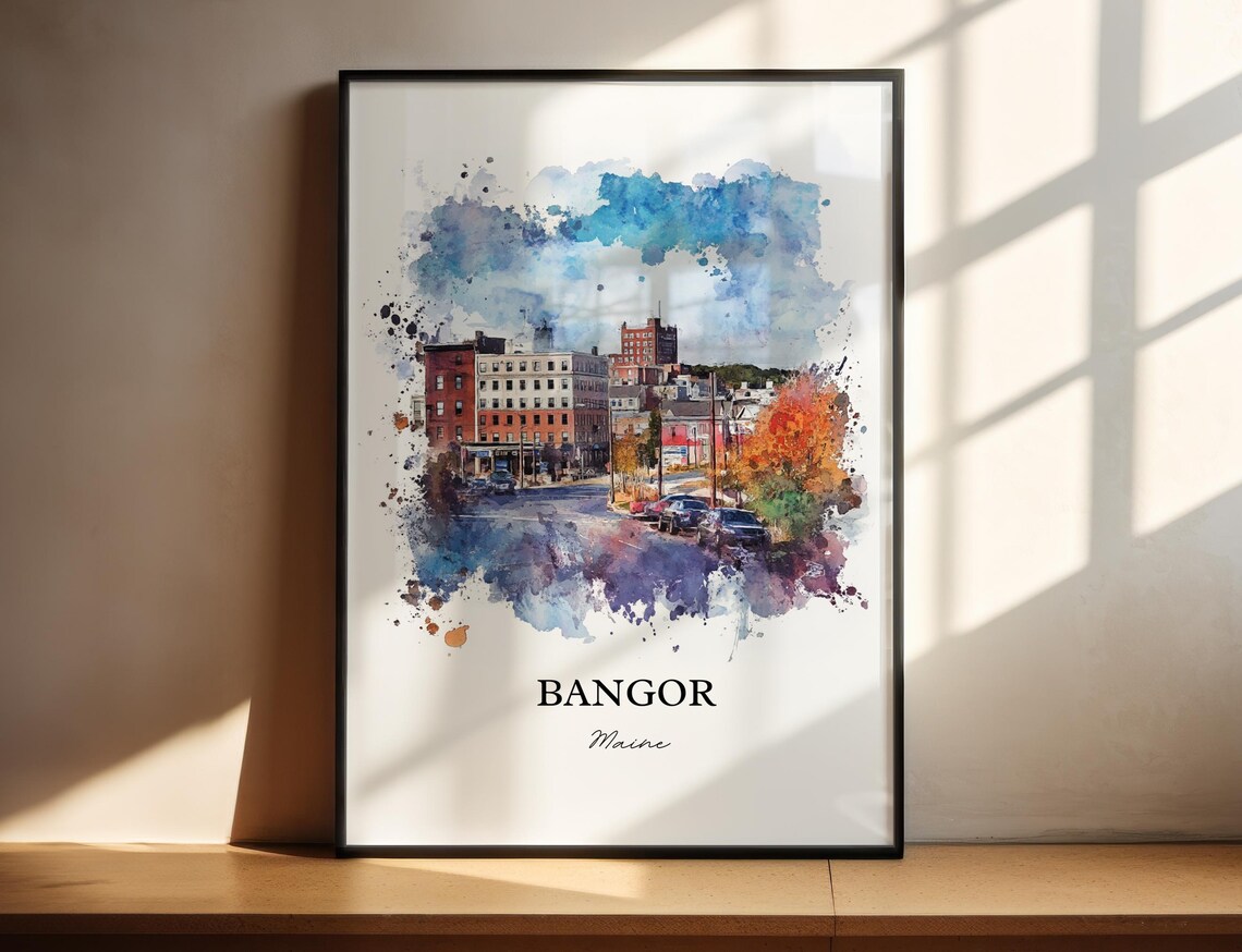 Bangor Maine Historic Downtown Street Autumn Watercolor City Poster - Image 4