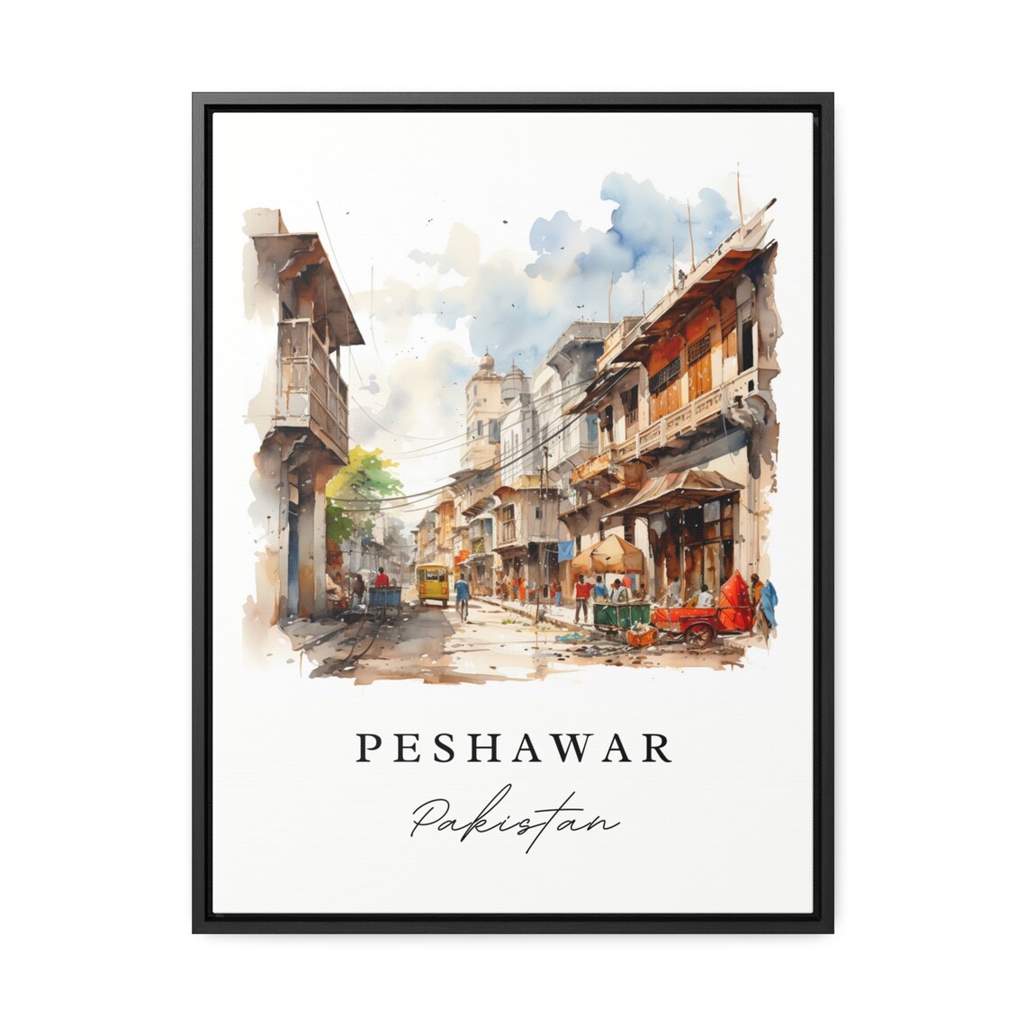 Peshawar Pakistan Watercolor Old City Bazaar Street Scene Poster - Image 2