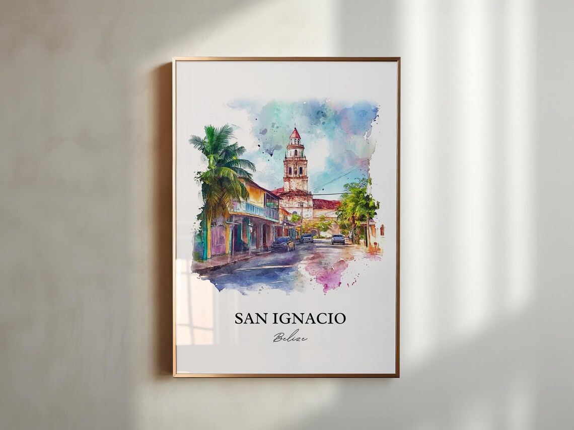 San Ignacio Belize Colonial Church Tower Watercolor Scene Poster - Image 5