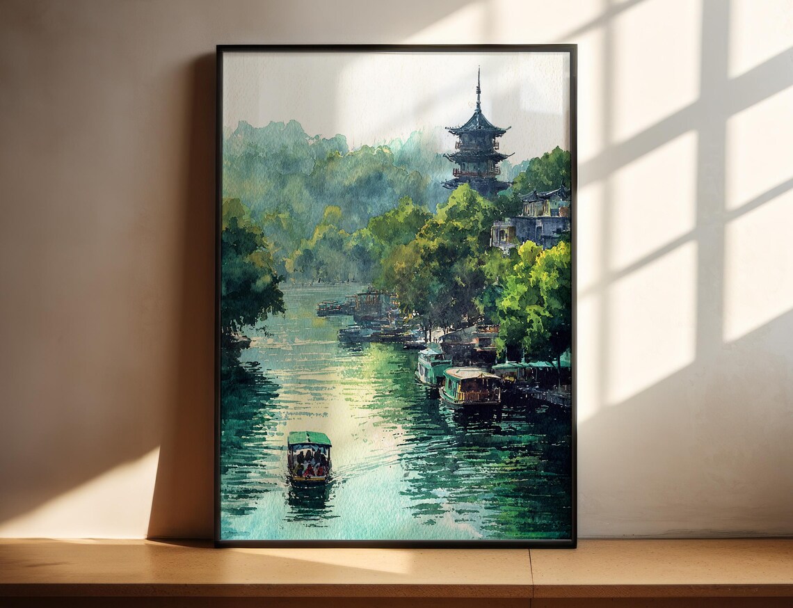 Hangzhou China Watercolor Misty Lake Pagoda Boats Travel Poster