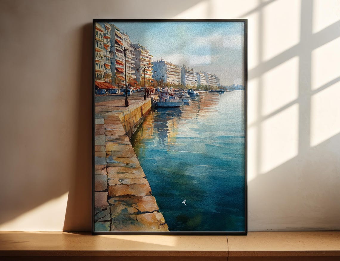 Sunlit Mediterranean Harbor Promenade Watercolor Seaside Poster