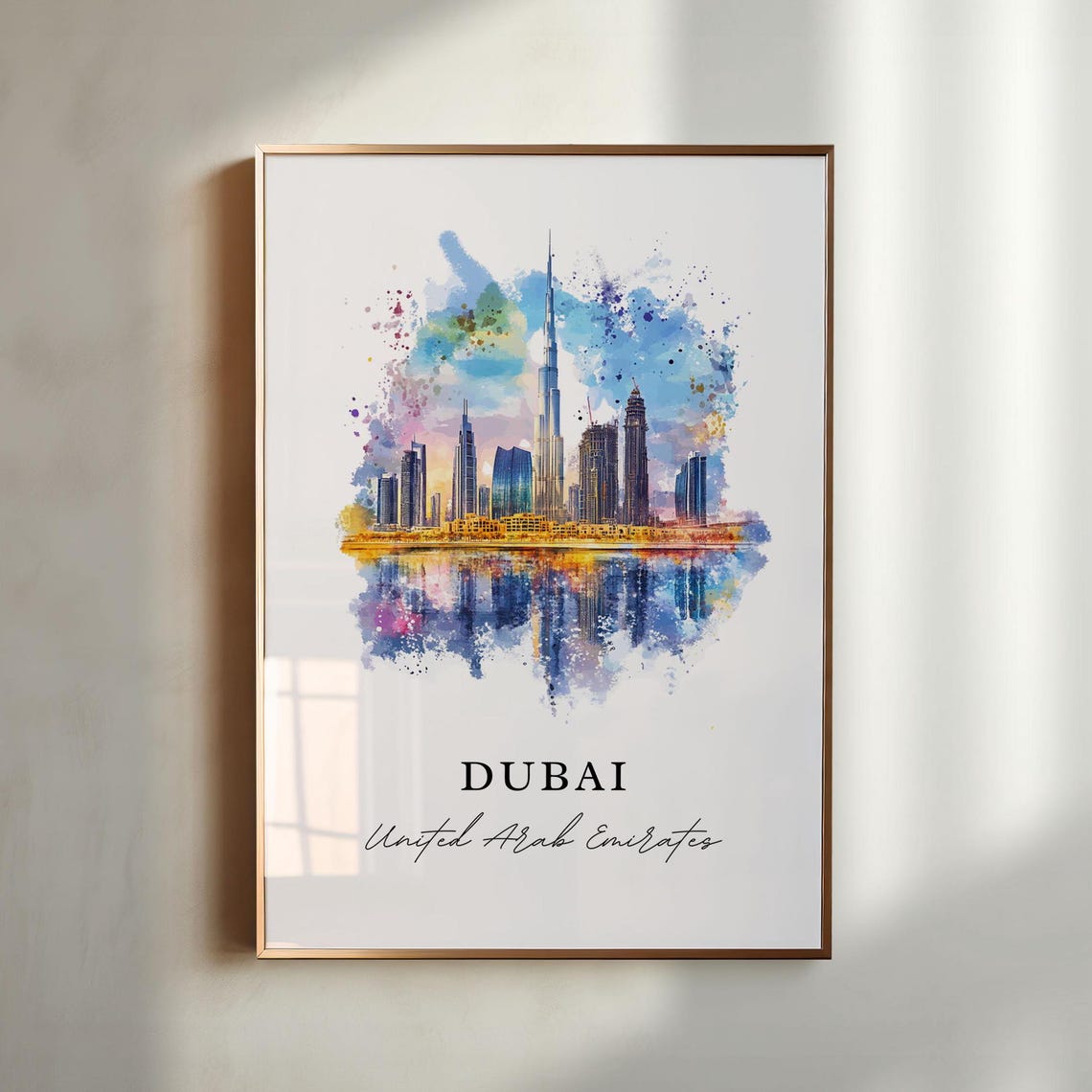 Dubai UAE Burj Khalifa Skyline Reflection Watercolor Travel Poster