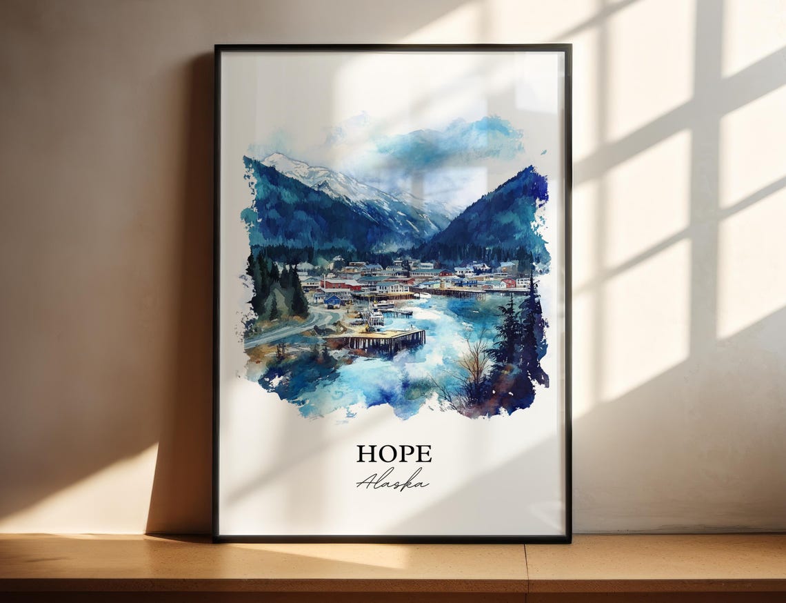 Hope Alaska Harbor Mountain Snow Peak Watercolor Travel Poster