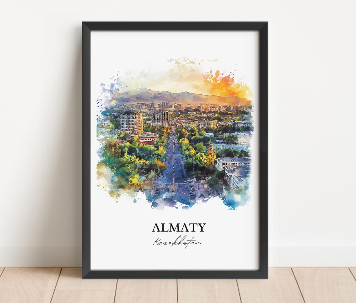Almaty Kazakhstan Watercolor Green City Mountain View Travel Poster - Image 6