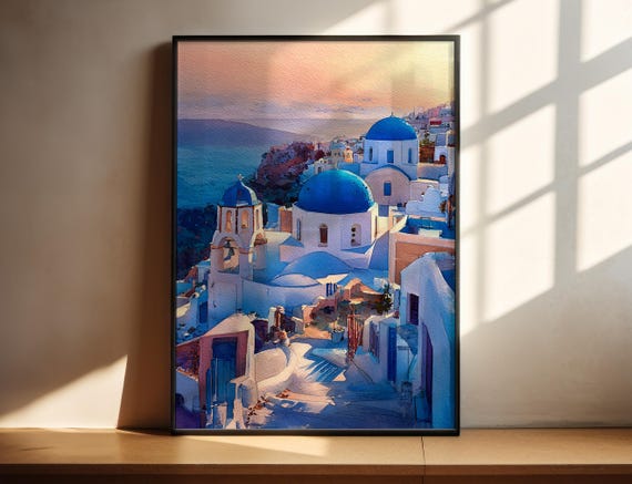 Santorini Greece Watercolor Travel Poster, Skyline Decor