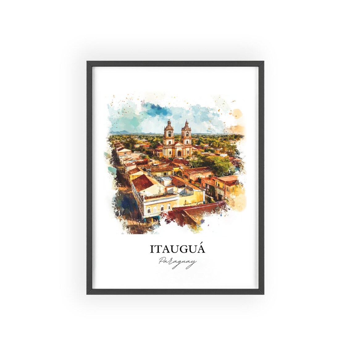 Itauguá Paraguay Watercolor Aerial Town Church Towers Poster - Image 2
