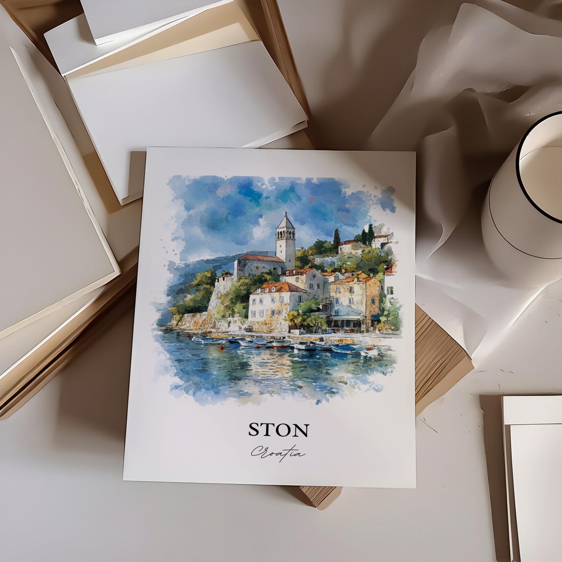 Ston Croatia Coastal Old Town Harbor Tower Watercolor Poster - Image 3