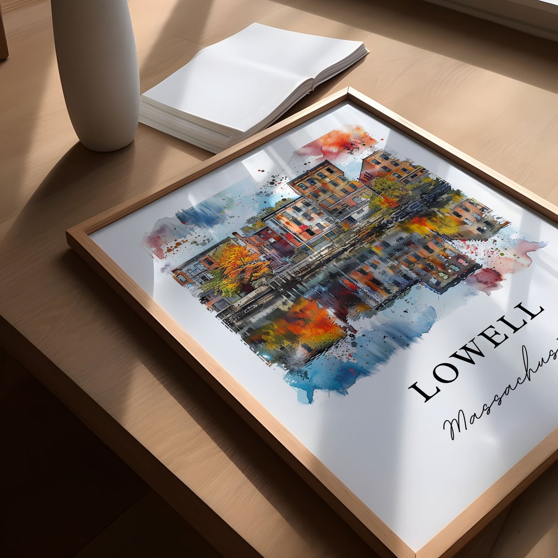 Lowell Massachusetts Historic Mill City Watercolor River Scene Poster - Image 5