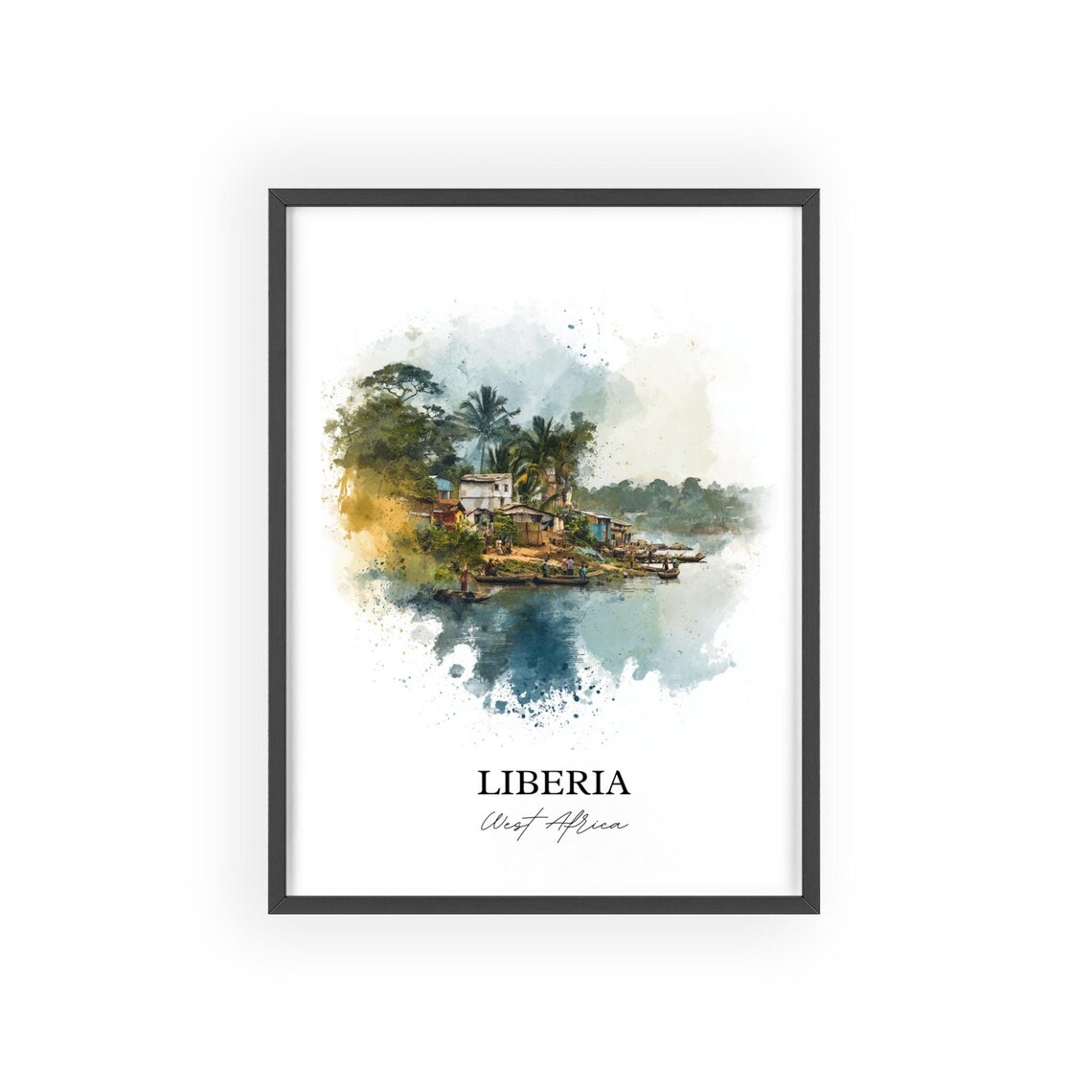 Liberia West Africa Riverside Canoe Village Watercolor Art Poster - Image 2