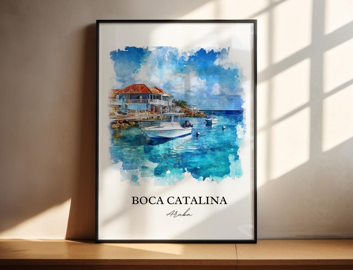 Boca Catalina Aruba Watercolor Beach House Boats Cove Poster
