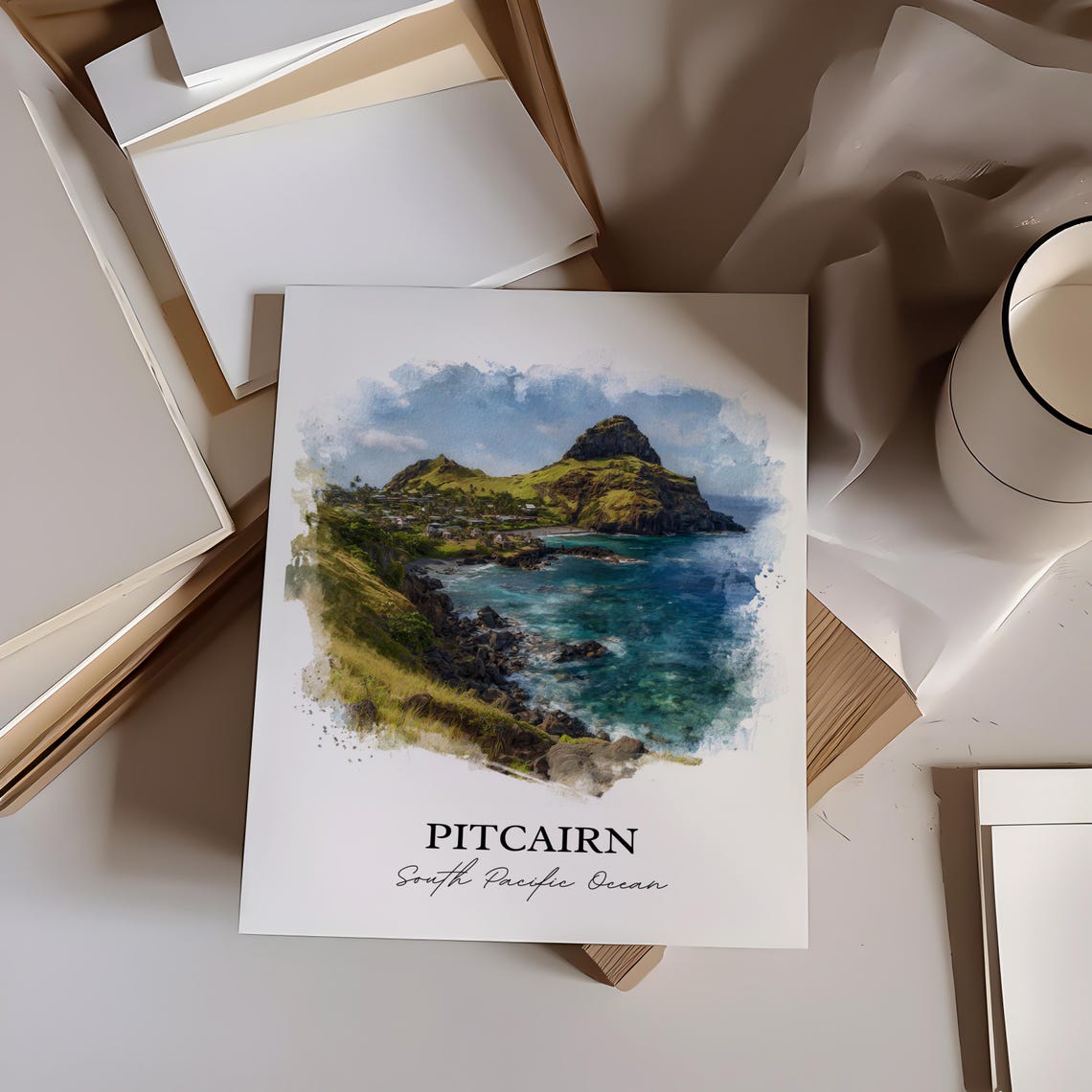 Pitcairn South Pacific Island Rocky Coast Watercolor Art Poster - Image 3