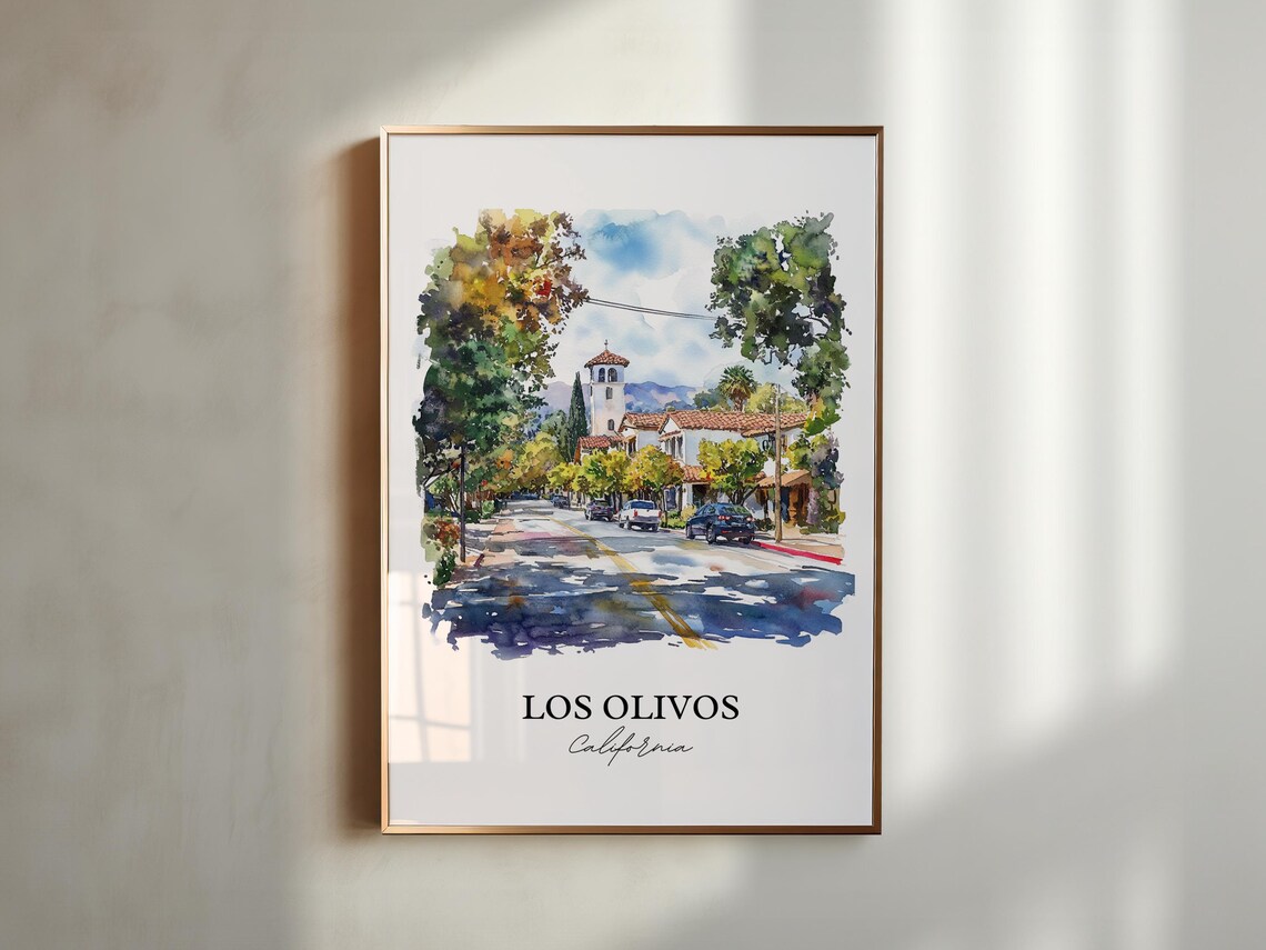 Los Olivos California Spanish Mission Street Watercolor Travel Poster - Image 5