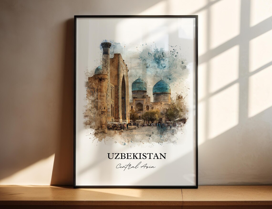 Uzbekistan Central Asia Watercolor Art Blue Dome Madrasa Poster