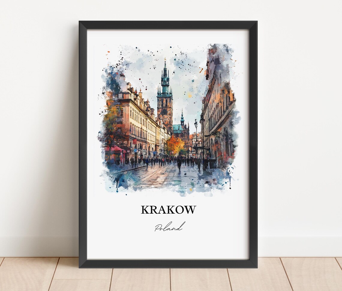 Krakow Poland Old Town St Mary Tower Street Watercolor Travel Poster - Image 5