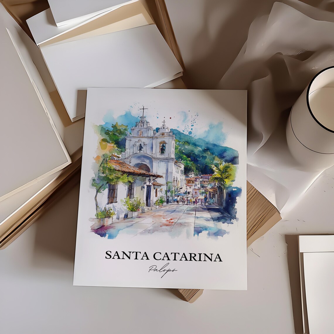 Santa Catarina Palopó Guatemala Watercolor Cobblestone Church Poster - Image 2
