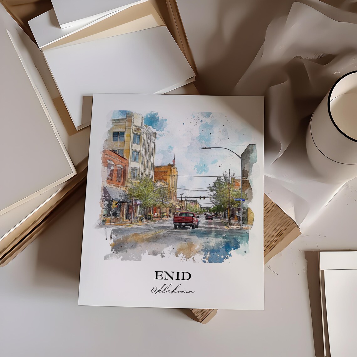 Enid Oklahoma Historic Downtown Watercolor Street Art Poster - Image 5