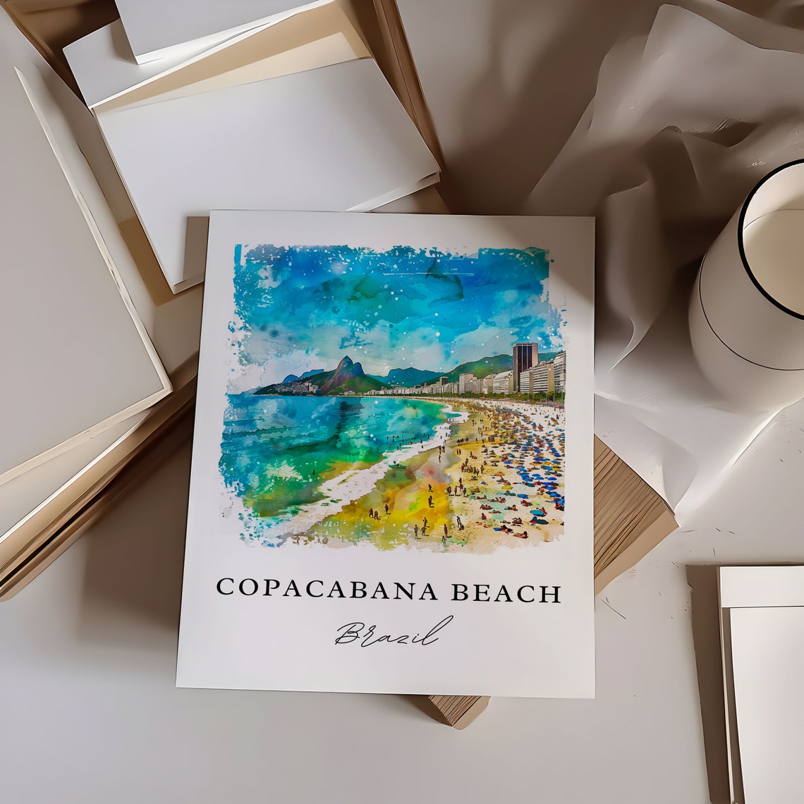 Copacabana Beach Rio Brazil Golden Sand Shore Watercolor Poster - Image 6