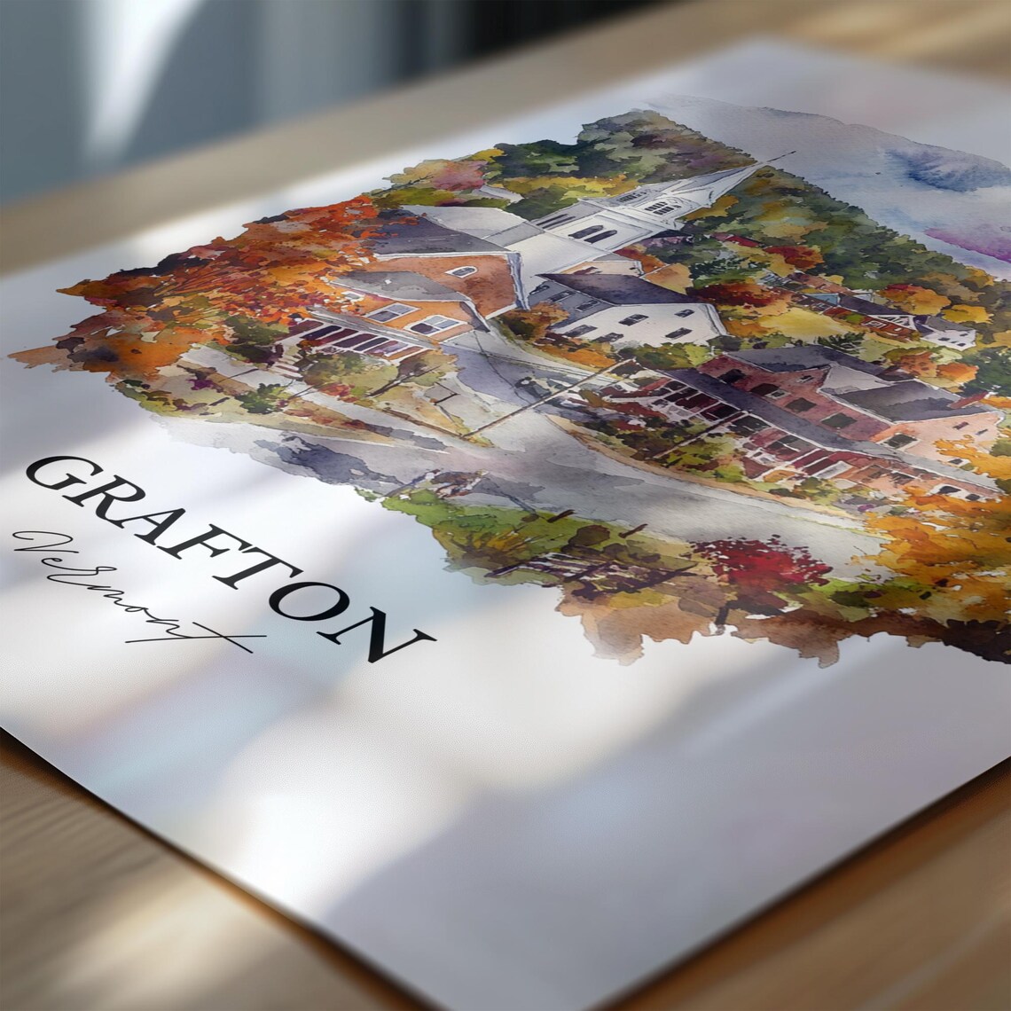 Grafton Vermont Village Church Autumn Foliage Watercolor Travel Poster - Image 6