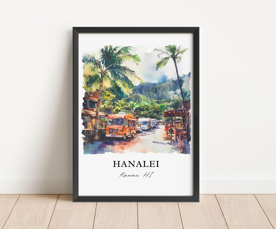 Hanalei Kauai Hawaii Palm Trees Street Watercolor Travel Poster - Image 3