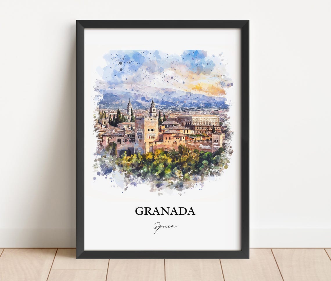 Granada Spain Watercolor Alhambra Palace Hilltop Skyline View Poster - Image 2