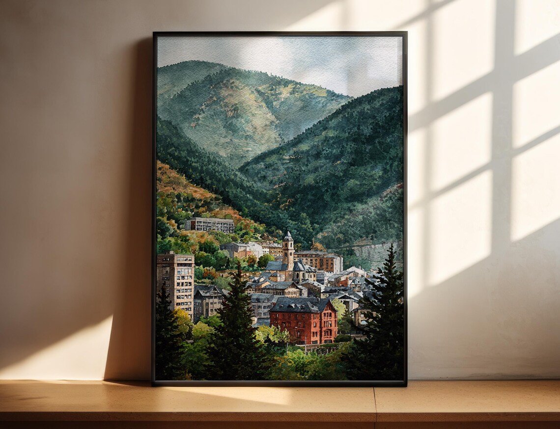 Andorra la Vella Watercolor Mountain Valley Town Travel Poster