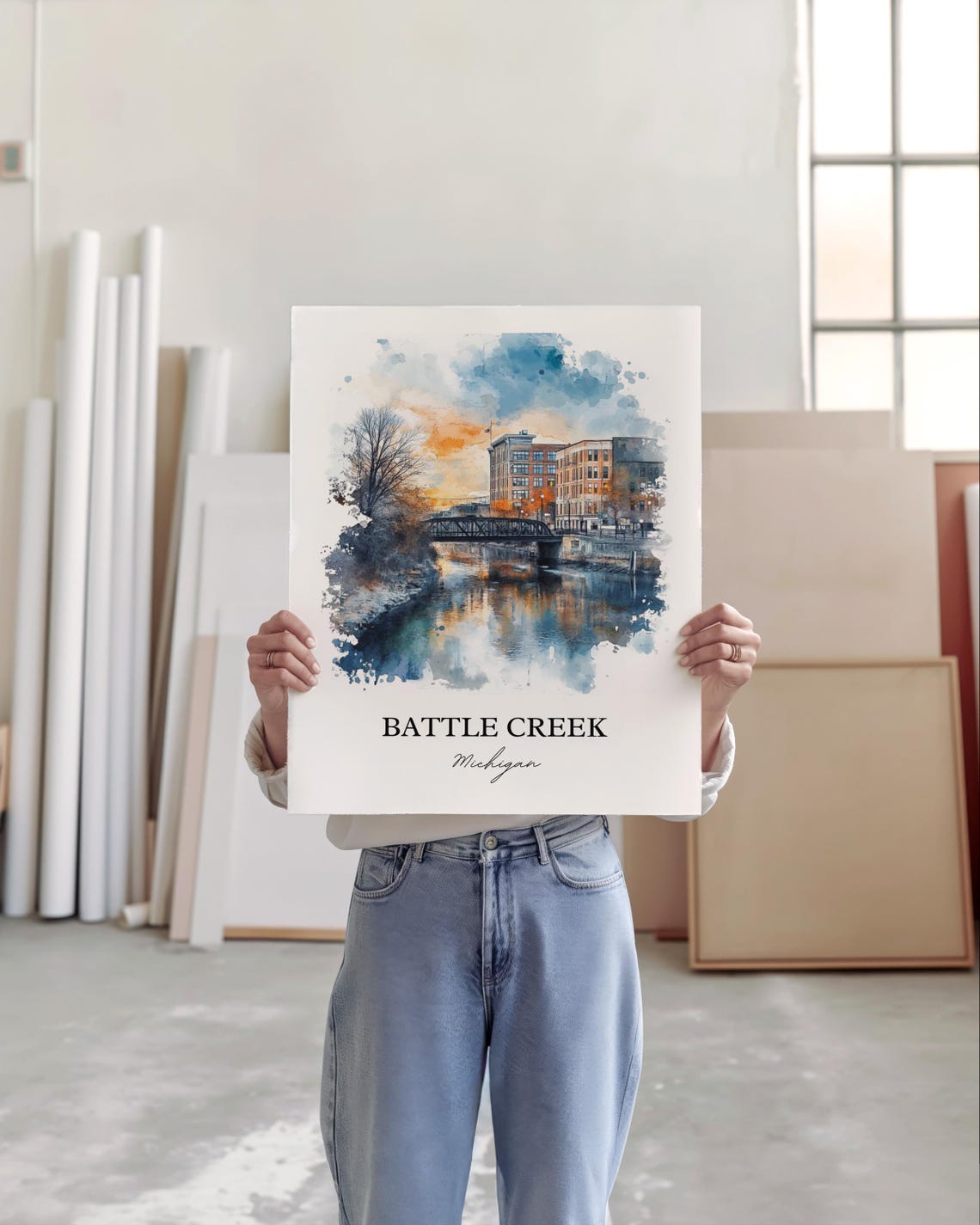 Battle Creek Michigan Watercolor River Bridge Sunset Scene Poster - Image 6