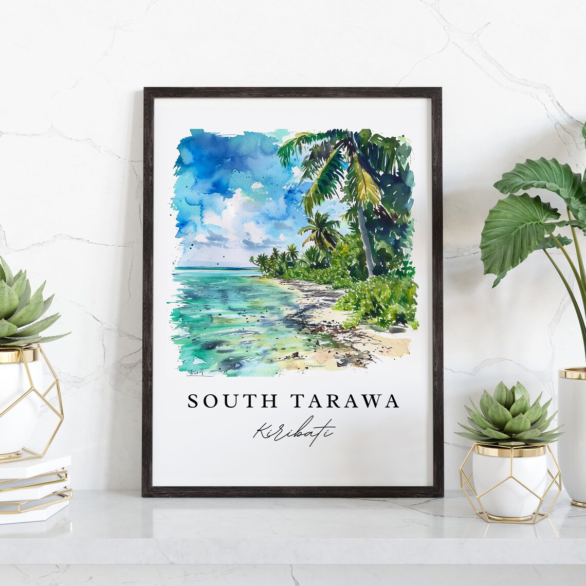 South Tarawa Kiribati Palm Beach Lagoon Watercolor Art Travel Poster - Image 4