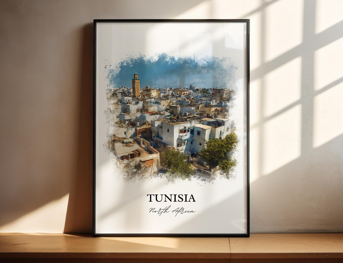 Tunisia North Africa White Medina Skyline Watercolor Travel Poster