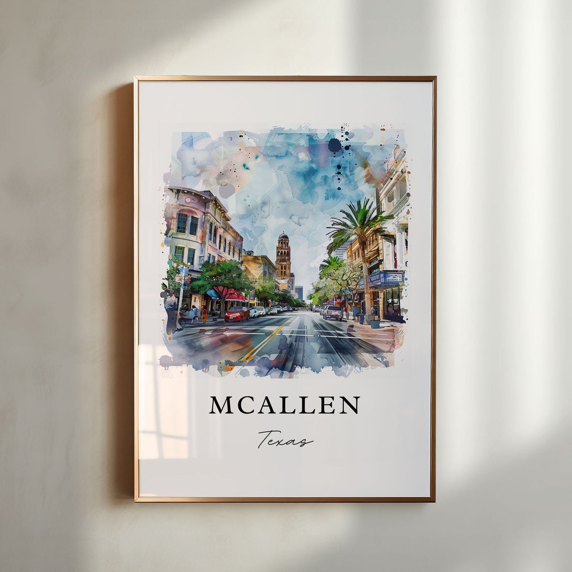 McAllen Texas Watercolor Main Street Palm Tree Clock Tower Poster