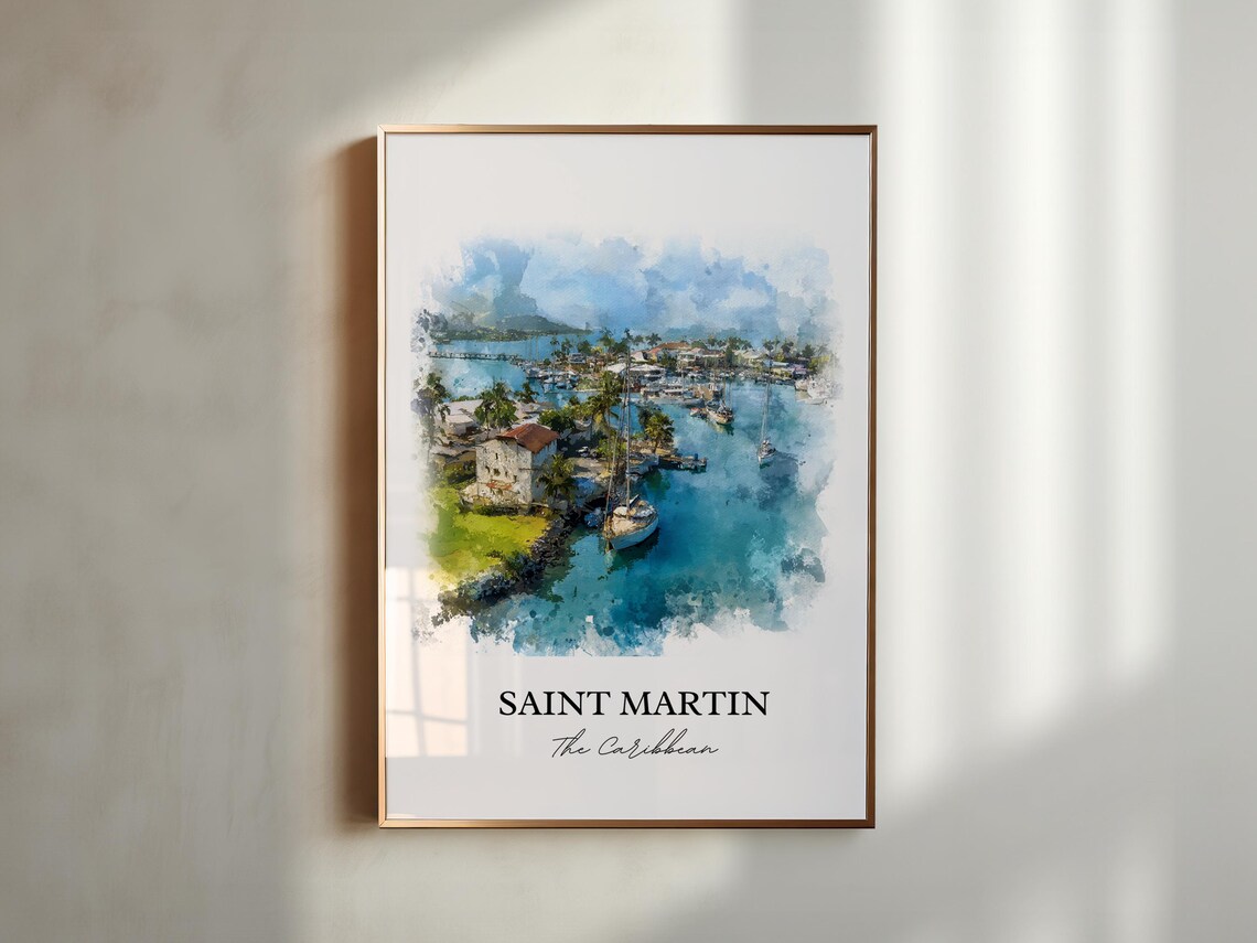 Saint Martin Caribbean Watercolor Sailboat Harbor Art Poster - Image 5