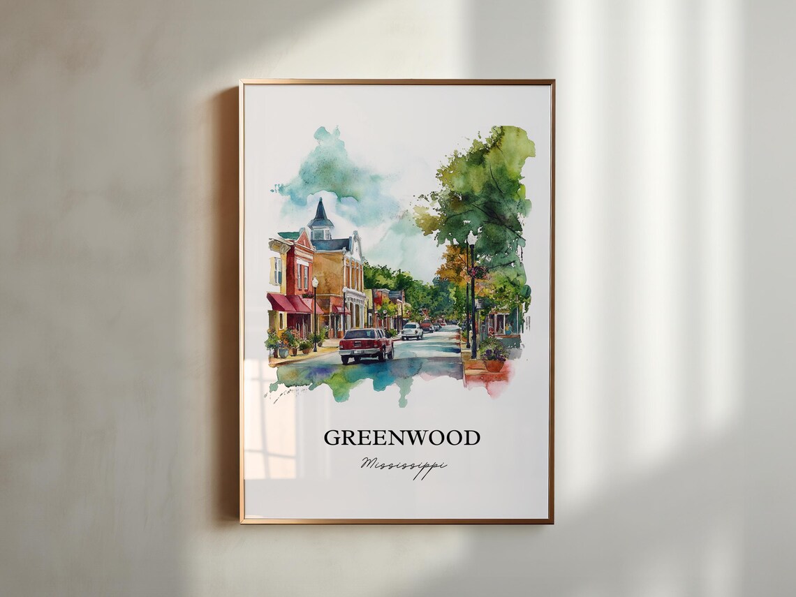 Greenwood Mississippi Main Street Historic Shops Watercolor Poster - Image 4