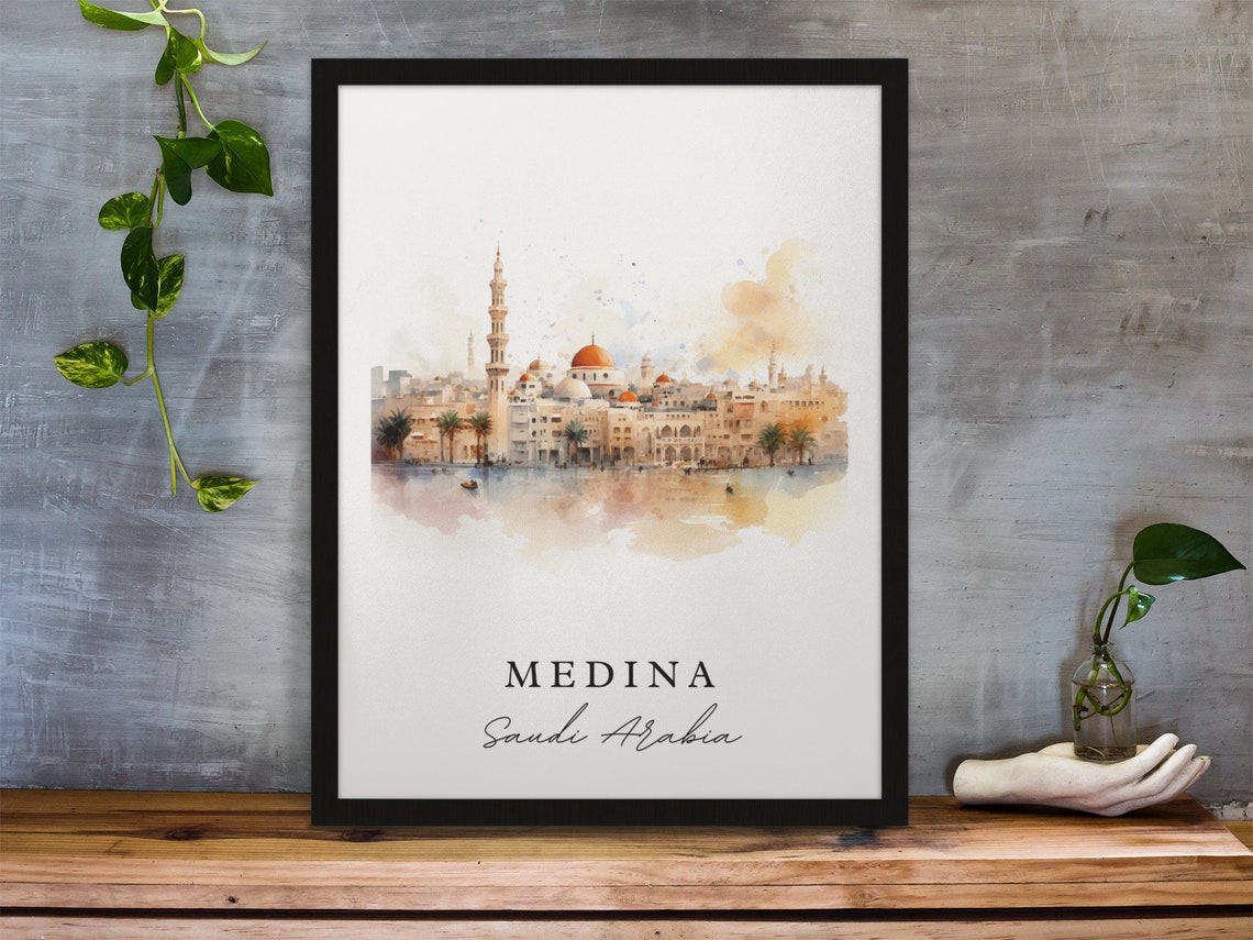 Medina Saudi Arabia Watercolor Mosque Golden Dome Islamic Poster