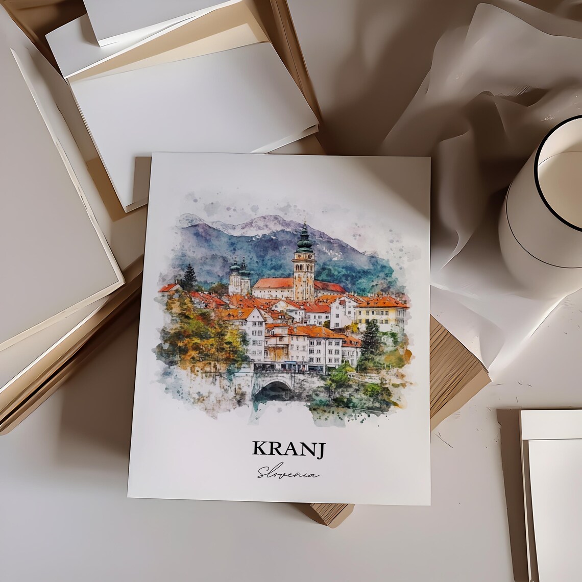 Kranj Slovenia Watercolor Old Town Church Towers Skyline Poster - Image 4