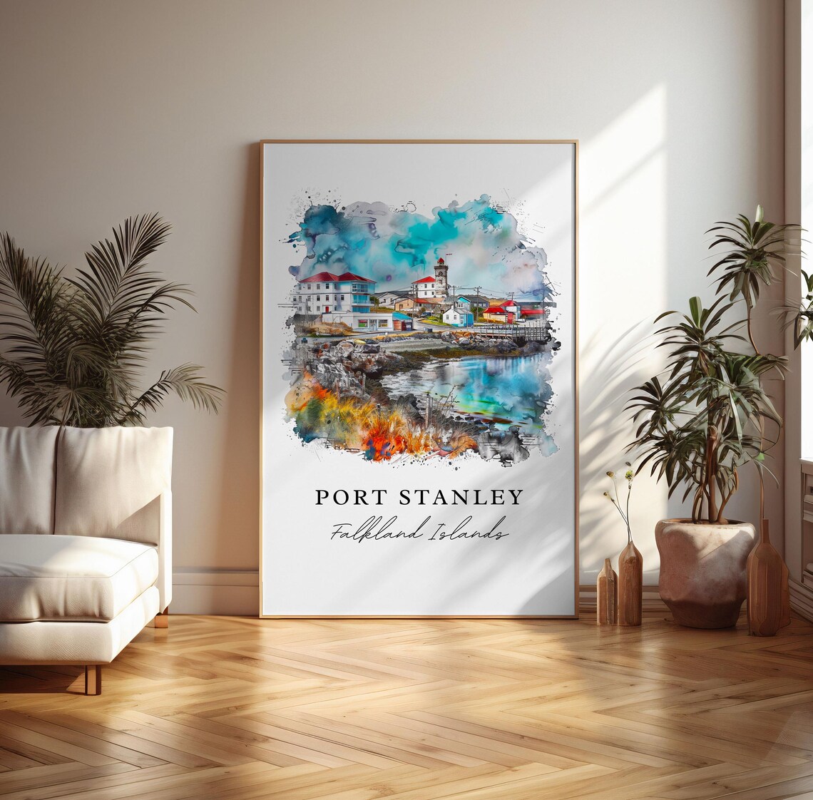 Port Stanley Falkland Islands Harbor Watercolor Travel Poster - Image 4