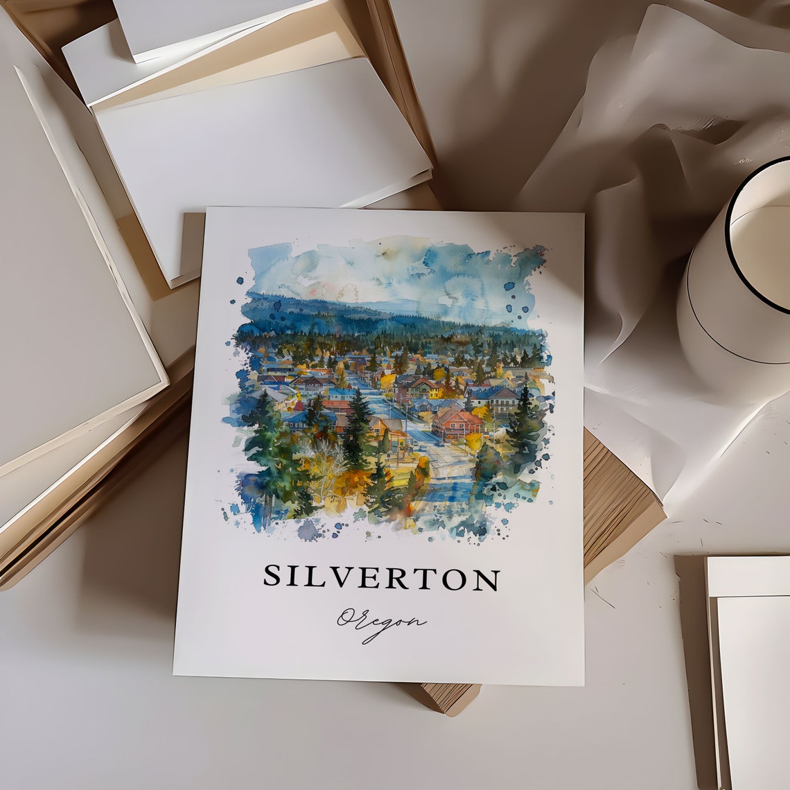 Silverton Oregon Small Town Evergreen Hills Watercolor Poster - Image 6