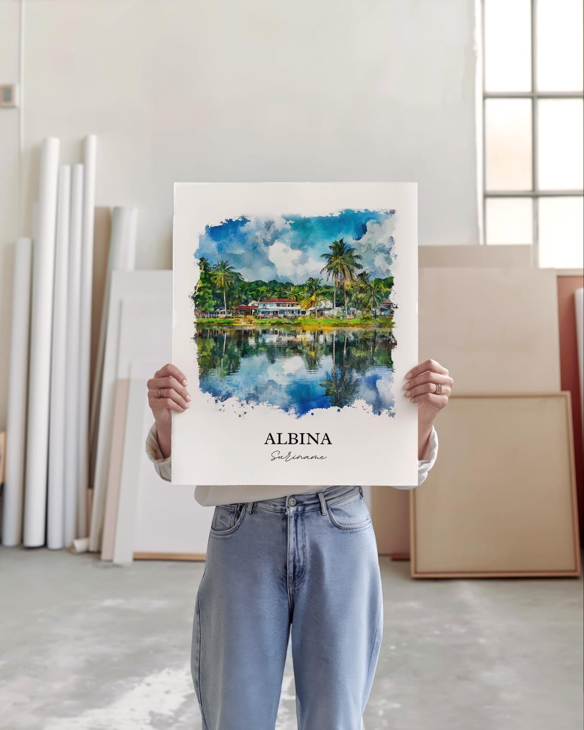 Albina Suriname Watercolor Palm River Reflection Travel Art Poster - Image 3